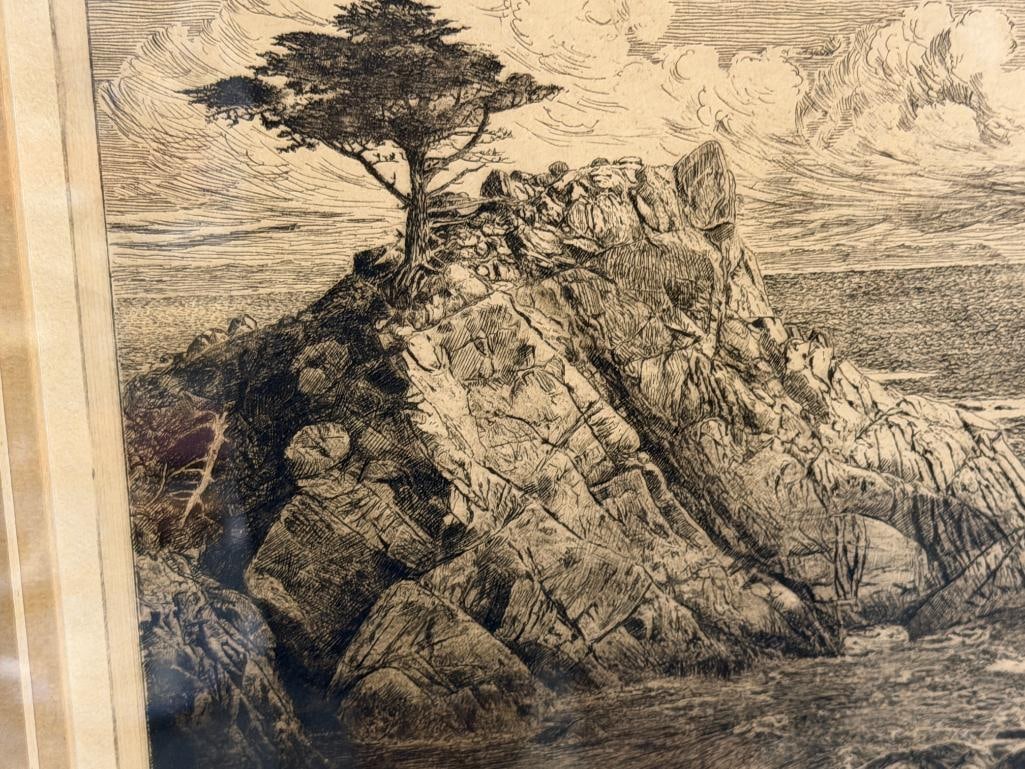 WILLIAM OSTRANDER LISTED AMERICAN ARTIST DRY POINT ETCHING TITLED LONE CYPRESS POINT, CALIFORNIA - 3