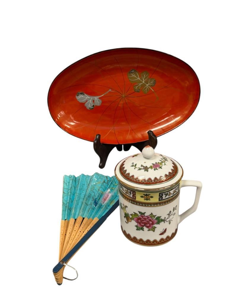 20TH CENTURY HAND PAINTED CHINESE FAN, TEA MUG, AND JAPANESE HAND PAINTED ENAMELED TRAY (1 of 10)