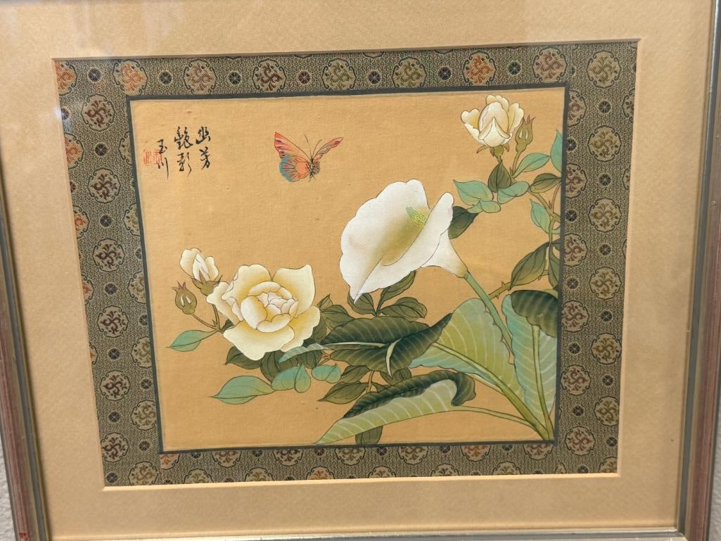 HAND PAINTED CHINESE WATERCOLOR ON SILK WITH BUTTERFLY AND FLOWERS DETAILED BROCADE BORDER - 2
