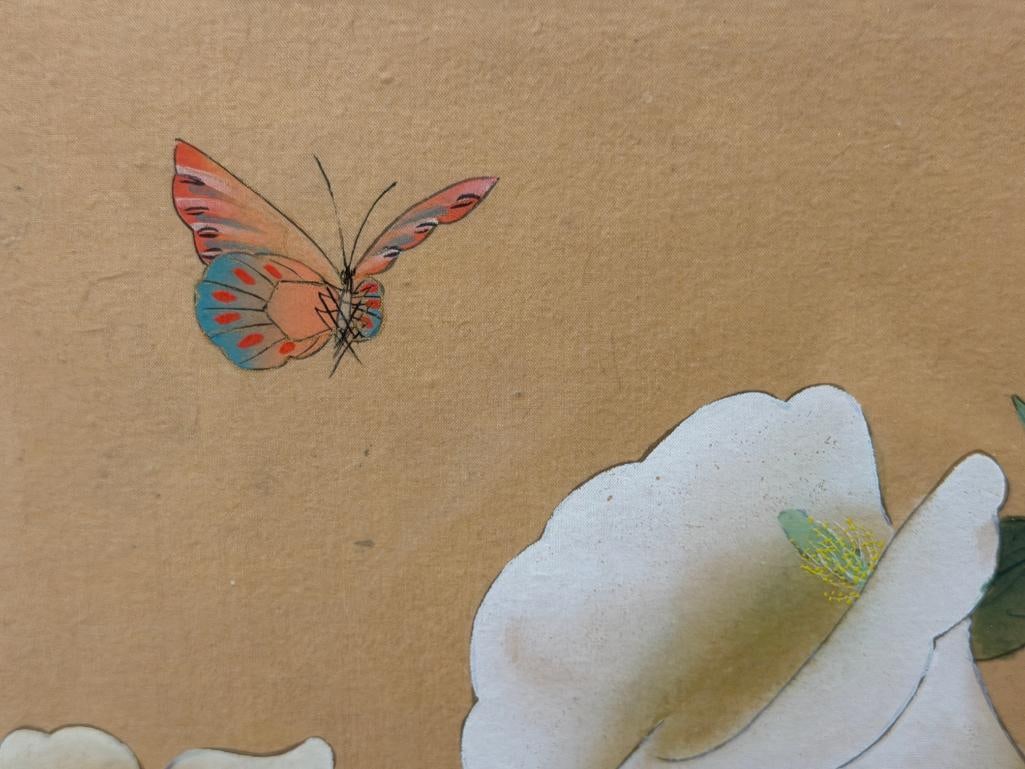 HAND PAINTED CHINESE WATERCOLOR ON SILK WITH BUTTERFLY AND FLOWERS DETAILED BROCADE BORDER - 4