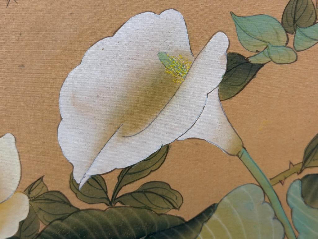 HAND PAINTED CHINESE WATERCOLOR ON SILK WITH BUTTERFLY AND FLOWERS DETAILED BROCADE BORDER - 5