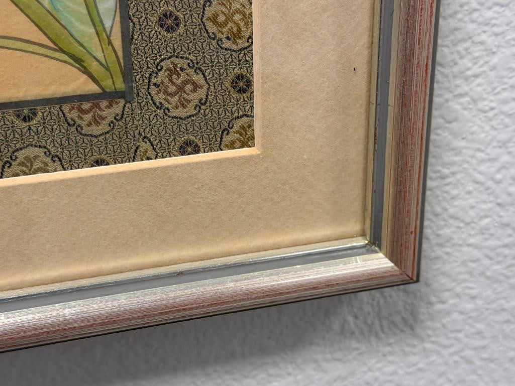 HAND PAINTED CHINESE WATERCOLOR ON SILK WITH BUTTERFLY AND FLOWERS DETAILED BROCADE BORDER - 6