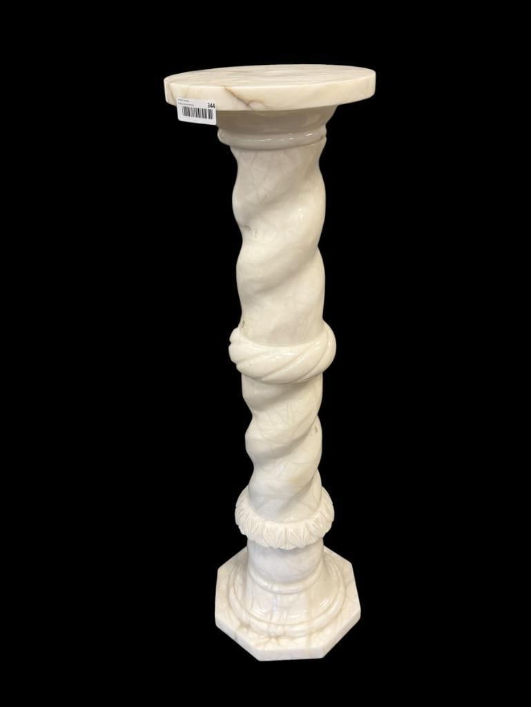 TALL WHITE MARBLE PEDESTAL WITH HEXAGONAL BASE AND ROUND TOP: TOP IS REMOVABLE, CARVED AND SWIRL ACCENTS RINGS, NO CHIPS OR CRACKS 38" H