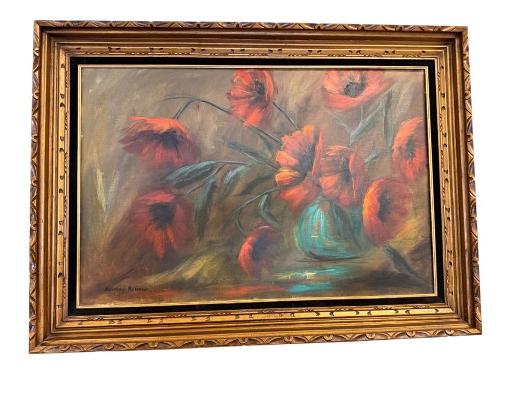 SHIRLEY ROBINSON LARGE ORIGINAL OIL ON CANVAS FLORAL PAINTING OF POPPIES: MOODY PAINTING DEPICTS POPPIES IN A VASE, SIGNED LOWER LEFT, FRAMED 44" X 31" FRAME