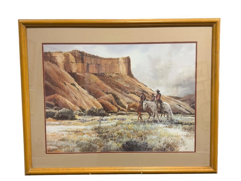 GERALD F. BROMMER NOTED ARTIST WESTERN ART PRINT: PRINT DEPICTS THREE MEN ON HORSEBACK TRAVELING THROUGH A VALLEY, PLATE SIGNED LOWER LEFT, FRAMED 38" X 30" FRAME