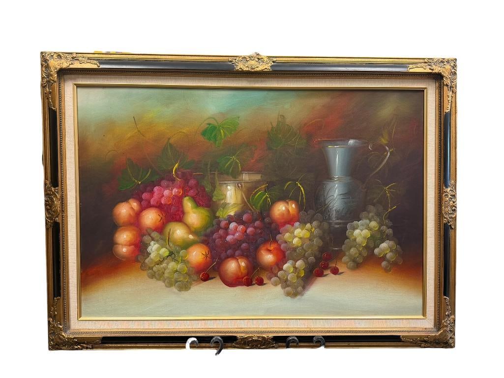 LARGE ORIGINAL ACRYLIC ON CANVAS PAINTING FRUITS AND VESSELS STILL-LIFE: ART DEPICTS FRUITS, PITCHER AND CAULDRON ON A SURFACE WITH MOODY BACKGROUND, NO SIGNATURE OR MARKINGS PRESENT, FRAMED 42 1/2" X 30 1/2" FRAME