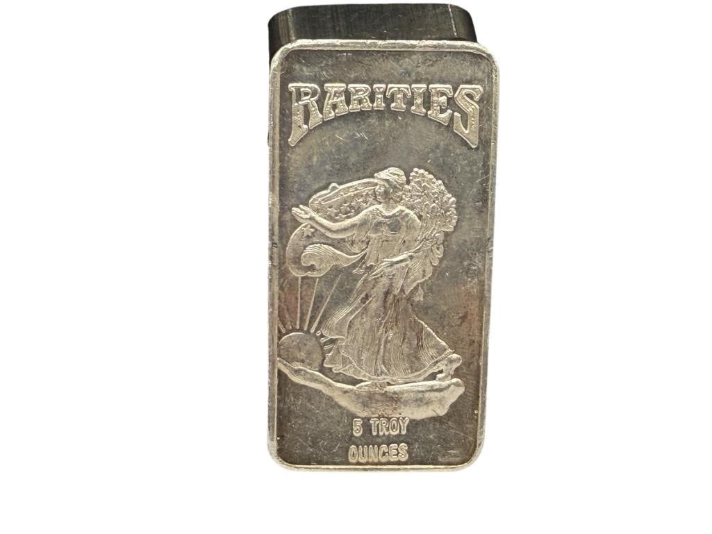 RARITIES MINT .999 FINE SILVER 5 TROY OUNCE BAR: FEATURING LADY LIBERTY DESIGN 2 1/2" , 5 TROY OUNCES