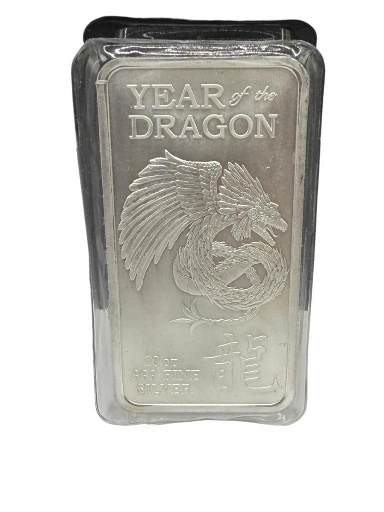 YEAR OF THE DRAGON CHINESE CALENDAR .999 FINE SILVER 10 TROY OUNCE BAR: 10 TROY OUNCES, 3 1/2"