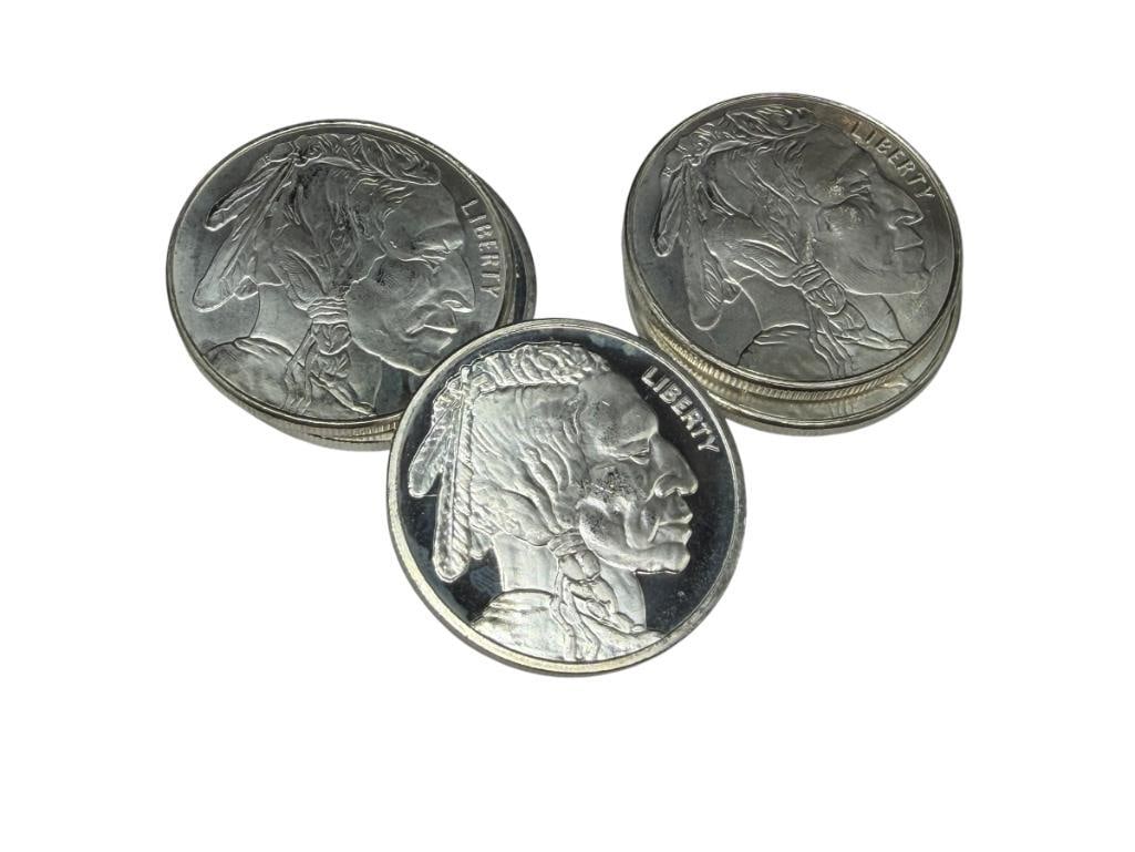 FIVE BUFFALO NICKEL DESIGN .999 FINE SILVER ROUNDS: 1 TROY OUNCE EACH, 1 1/2"