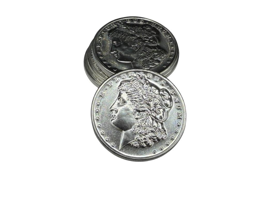FIVE MORGAN SILVER DOLLAR DESIGN .999 FINE SILVER ROUNDS: 1 TROY OUNCE EACH, 1 1/2"