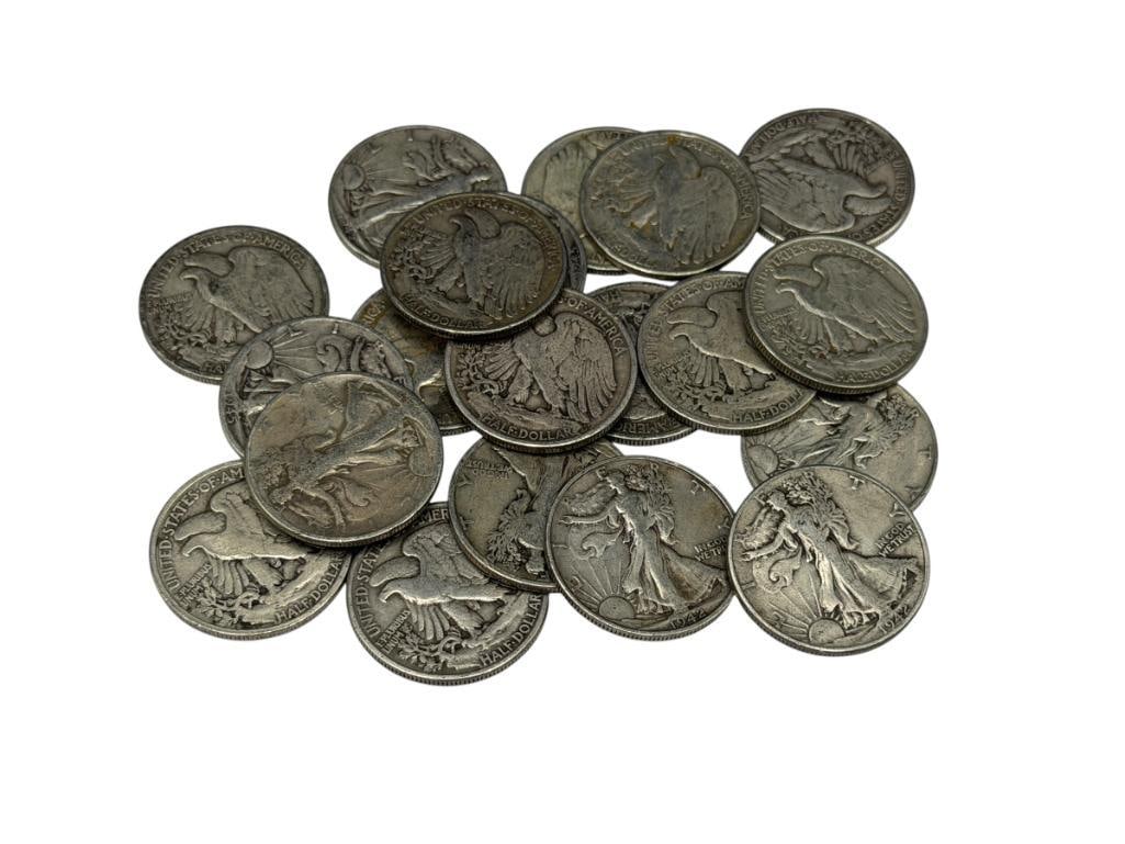$10 ROLL OF U.S. WALKING LIBERTY SILVER HALF DOLLARS DATING BACK TO THE MID-1930'S (1 of 9)