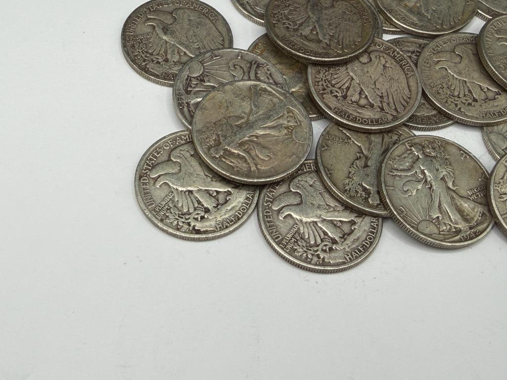$10 ROLL OF U.S. WALKING LIBERTY SILVER HALF DOLLARS DATING BACK TO THE MID-1930'S - 3