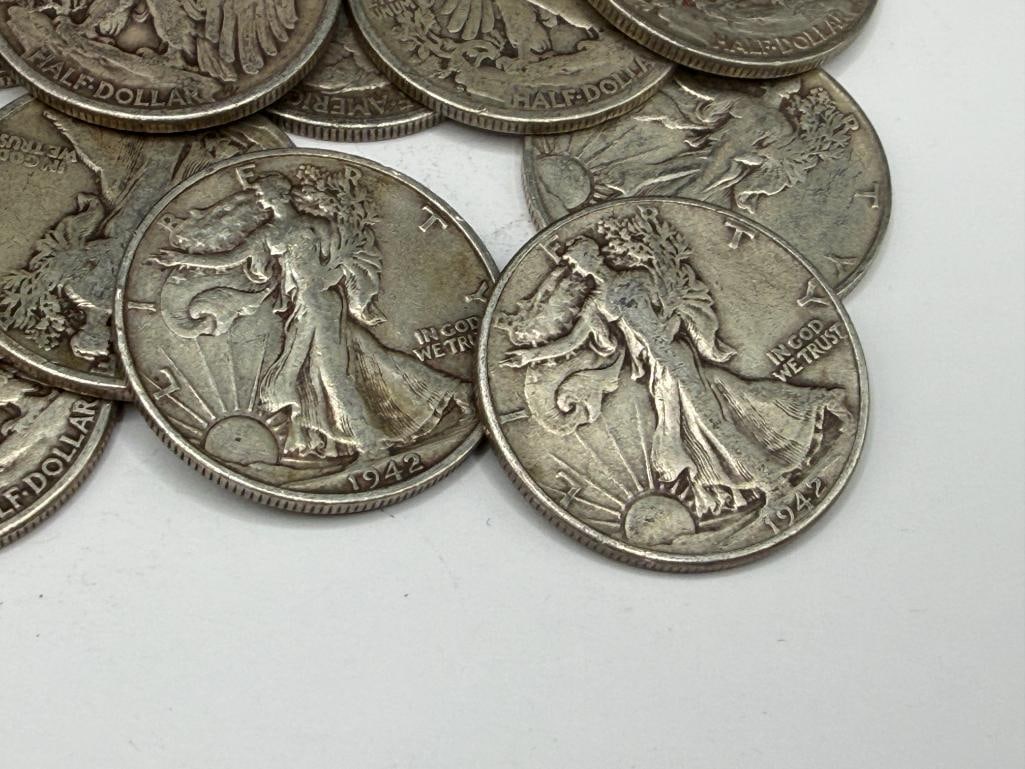 $10 ROLL OF U.S. WALKING LIBERTY SILVER HALF DOLLARS DATING BACK TO THE MID-1930'S - 4
