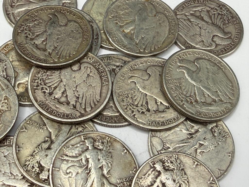 $10 ROLL OF U.S. WALKING LIBERTY SILVER HALF DOLLARS DATING BACK TO THE MID-1930'S - 5