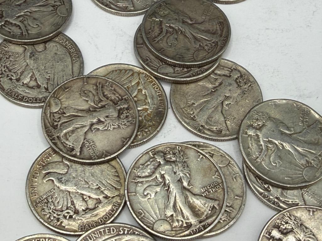 $10 ROLL OF U.S. WALKING LIBERTY SILVER HALF DOLLARS DATING BACK TO THE MID-1930'S - 6