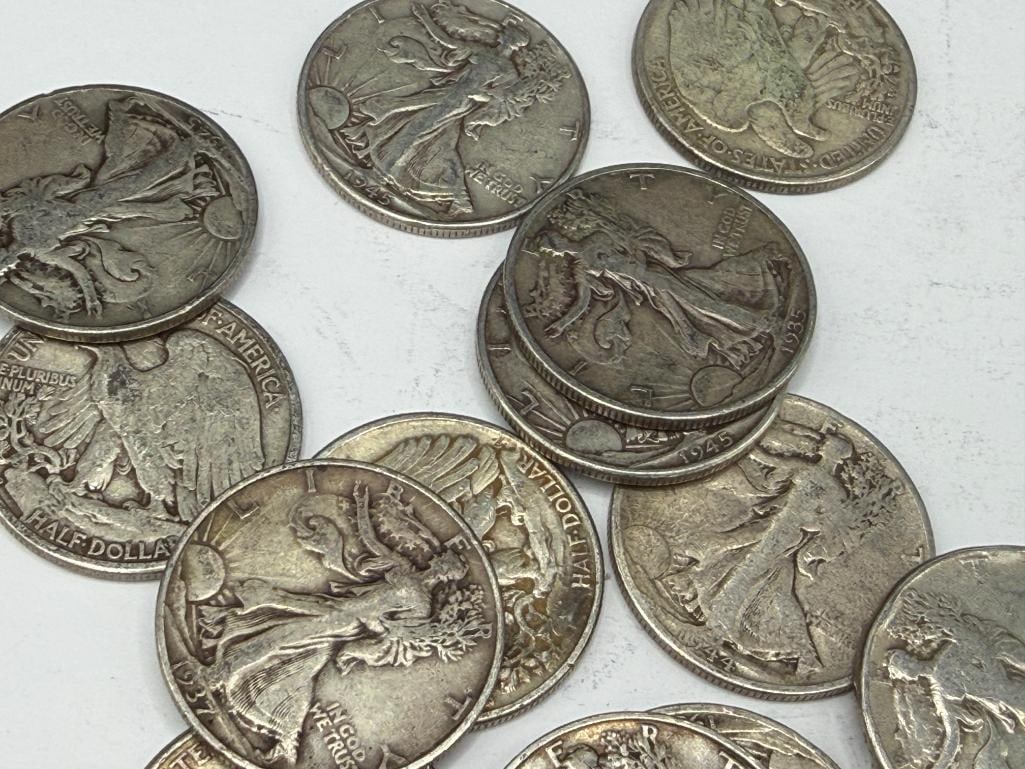 $10 ROLL OF U.S. WALKING LIBERTY SILVER HALF DOLLARS DATING BACK TO THE MID-1930'S - 7