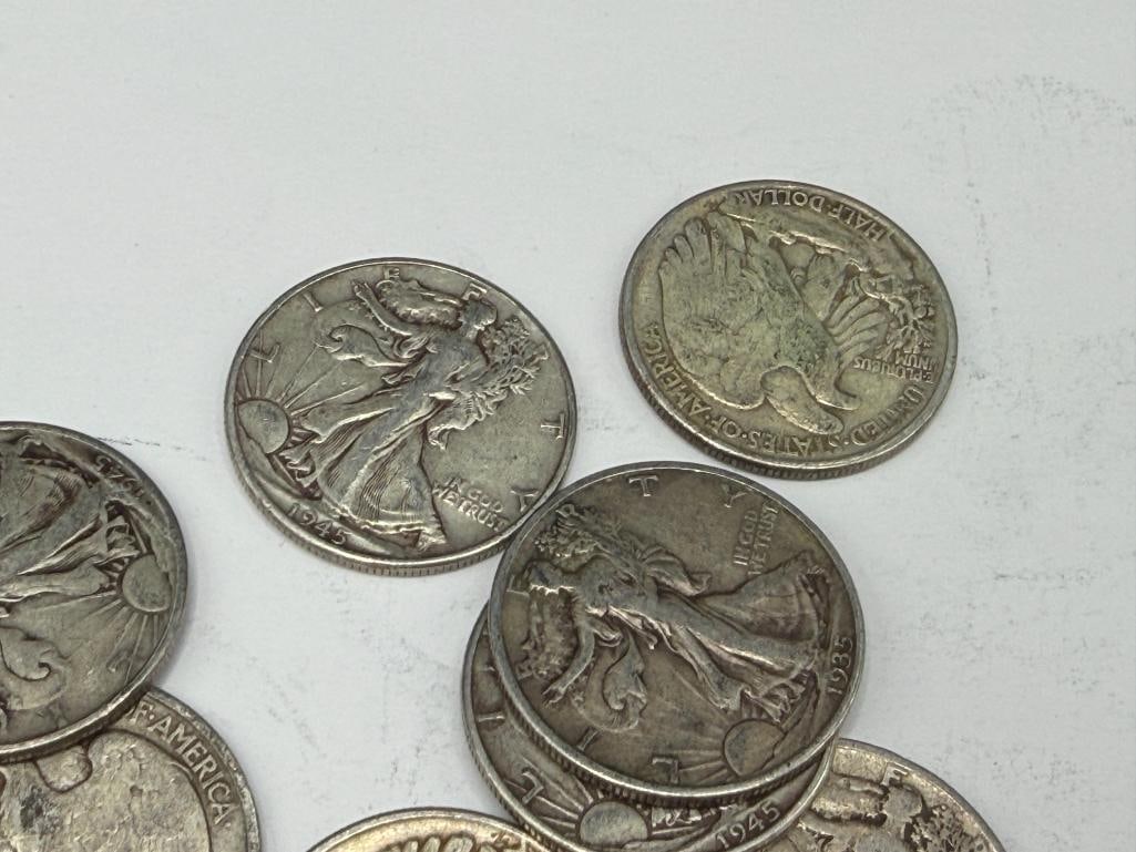 $10 ROLL OF U.S. WALKING LIBERTY SILVER HALF DOLLARS DATING BACK TO THE MID-1930'S - 8