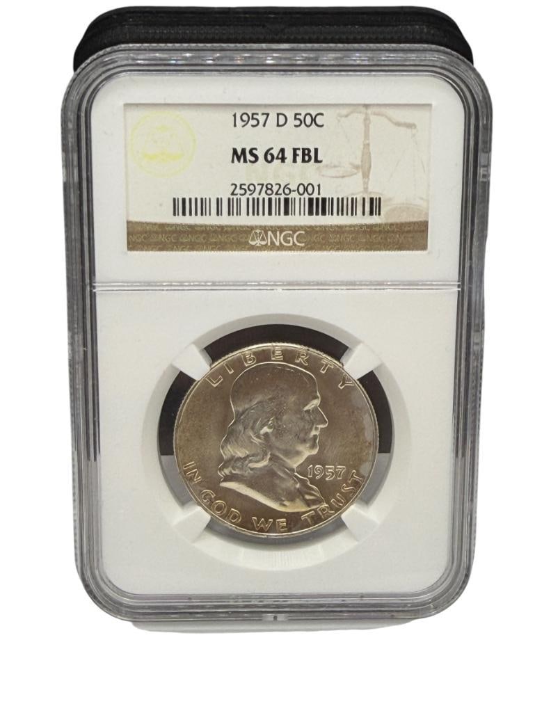 1957-D U.S. FRANKLIN SILVER HALF DOLLAR NGC MS 64 FBL: 90% SILVER