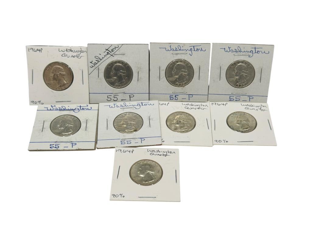NINE U.S. WASHINGTON SILVER QUARTERS FEATURING FIVE 1955 AND FOUR 1964 (1 of 10)