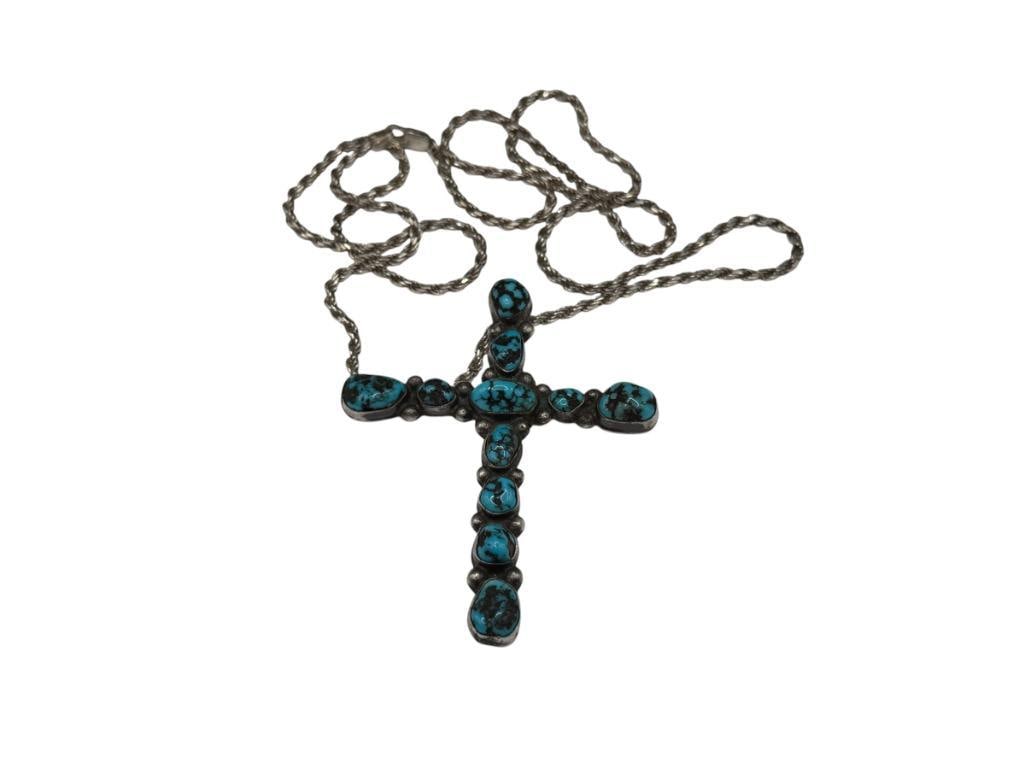 VINTAGE STERLING SILVER TURQUOISE CROSS PENDANT ON STERLING SILVER ROPE CHAIN NECKLACE (1 of 12)