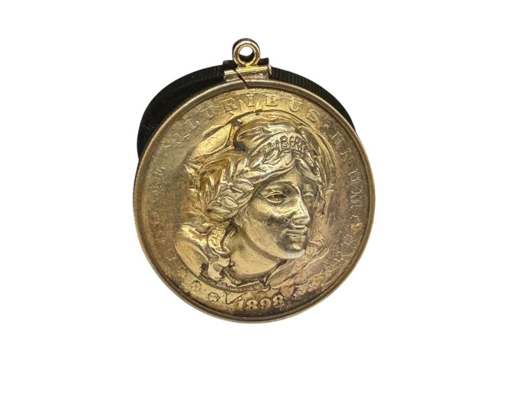 1898 U.S. MORGAN SILVER DOLLAR POP PUSH PUNCH LADY LIBERTY PENDANT: INTRICATE DESIGN IN FACE, HAS BEEN GOLD PLATED 1 3/4", 27.11 GRAMS