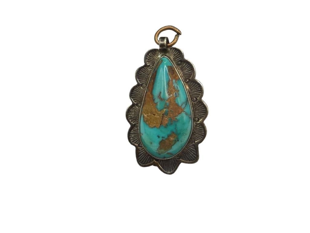 NAVAJO STERLING SILVER TURQUOISE TEARDROP PENDANT FEATURING STAMPED BORDER AROUND TURQUOISE (1 of 5)