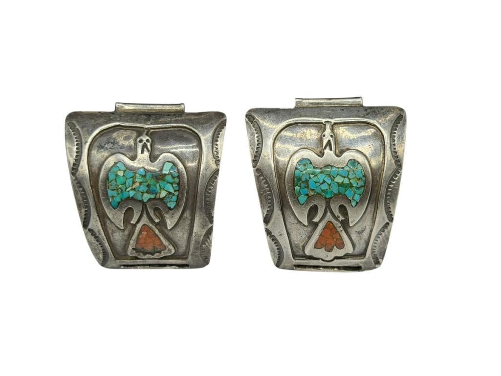 NAVAJO ARTIST SIGNED BEGAY STERLING SILVER TURQUOISE AND CORAL WATCH TIPS: HALLMARKED WITH FIGURAL BEE STAMP AND "GAY" TO SYMBOLIZE THE RENOWN NAVAJO JEWELRY MAKING FAMILY BEGAY EACH TIP IS 1 5/8", 30.80 GRAMS TOTAL