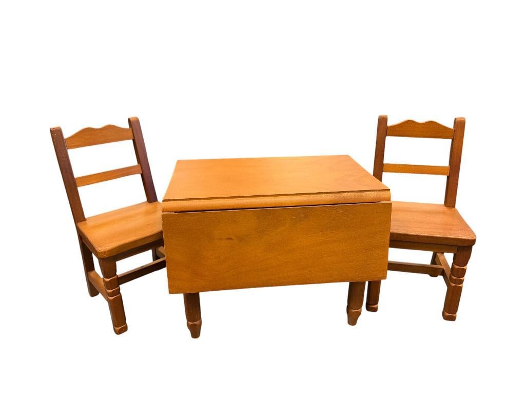 VINTAGE STYLED COUNTRY DROP LEAF TABLE WITH MATCHING CHAIRS DOLL FURNITURE SET: 16" X 11" X 9" TABLE, 12" CHAIRS