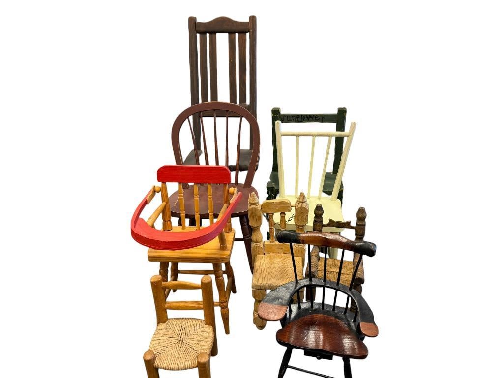 NINE ASSORTED DOLL FURNITURE CHAIRS WINDSOR, LADDER BACK, RUSH SEAT, SLAT BACK ETC. (1 of 20)