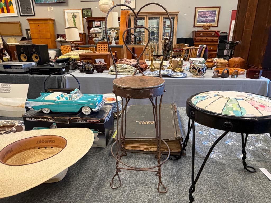 FOUR VINTAGE DOLL FURNITURE CHAIRS CAST IRON CHAIR, BENT WIRE STOOL, SODA PARLOR CHAIR AND STOOL - 13