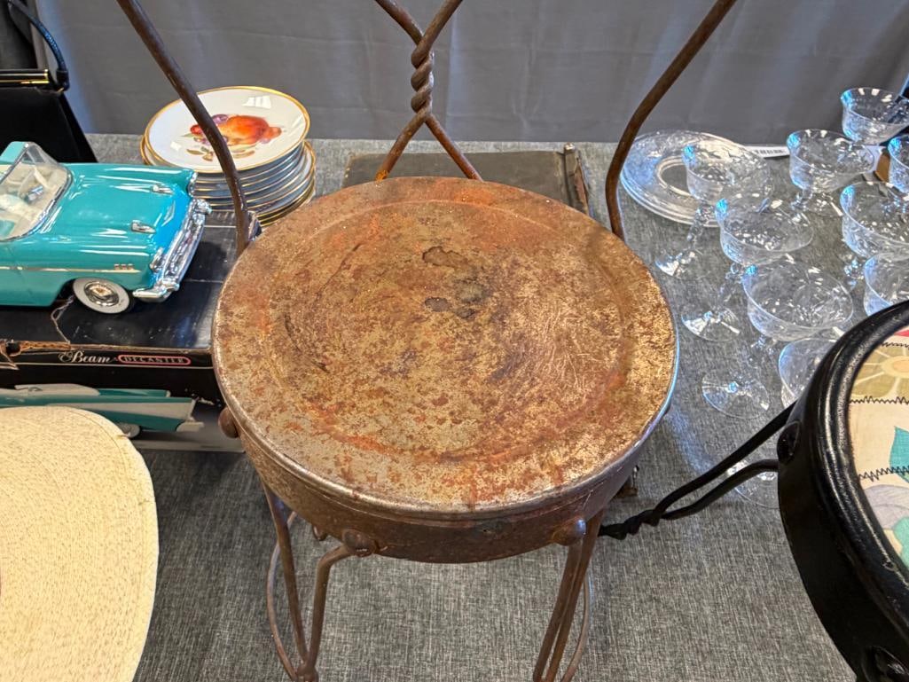 FOUR VINTAGE DOLL FURNITURE CHAIRS CAST IRON CHAIR, BENT WIRE STOOL, SODA PARLOR CHAIR AND STOOL - 15