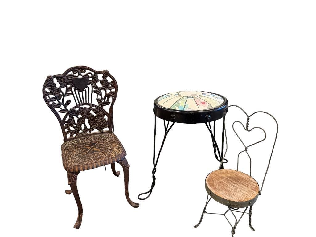 FOUR VINTAGE DOLL FURNITURE CHAIRS CAST IRON CHAR, BENT WIRE STOOL, SODA PARLOR CHAIR AND STOOL: 12 1/2" UP TO 22" H
