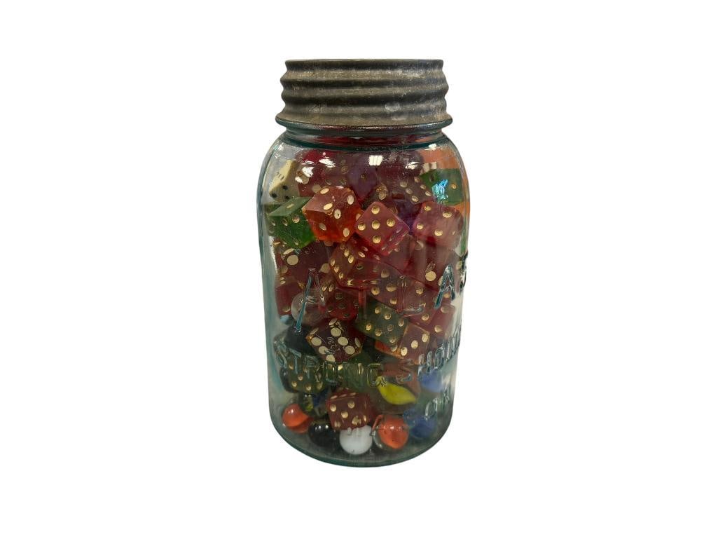 ANTIQUE ATLAS CANNING JAR FULL OF MARBLES AND LUCITE DICE (1 of 5)