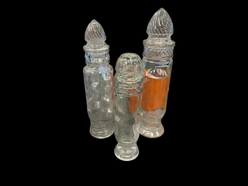 VINTAGE TIFFIN GLASS COLUMBIA SWIRL APOTHECARY / CANDY / MARLY JARS: TALL CYLINDRICAL JARS WITH LIDS USED DURING THE MID-20TH CENTURY FOR CANDY, NUTS, AND OTHER DRY GOODS 9 1/2", 11 1/2", AND 12 1/2" H