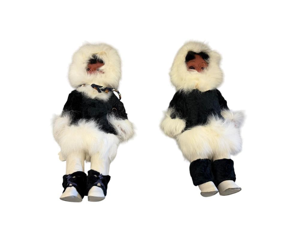 VINYL ESKIMO / ALASKAN NATIVES DOLLS WITH ROLLBACK EYES FAUX FUR AND LEATHER CLOTHING: 11" H