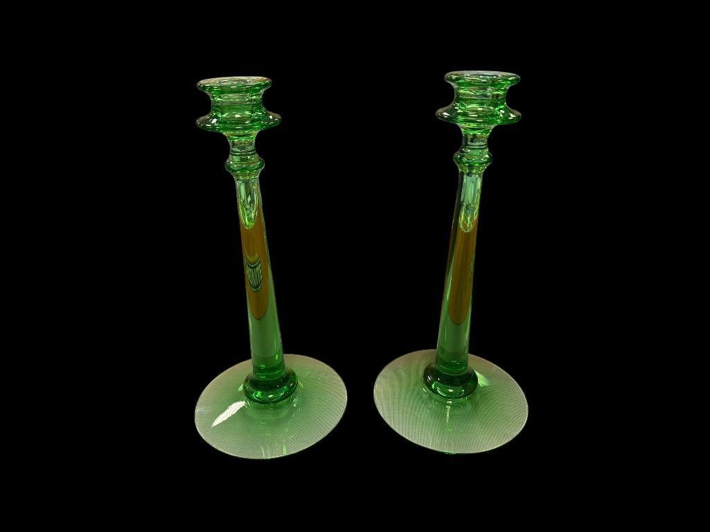 DEPRESSION-ERA URANIUM GLASS CANDLESTICK HOLDERS PAIR UV REACTIVE: ROUND BASE WITH TAPERED COLUMNS, NO CHIPS OR CRACKS 12" H