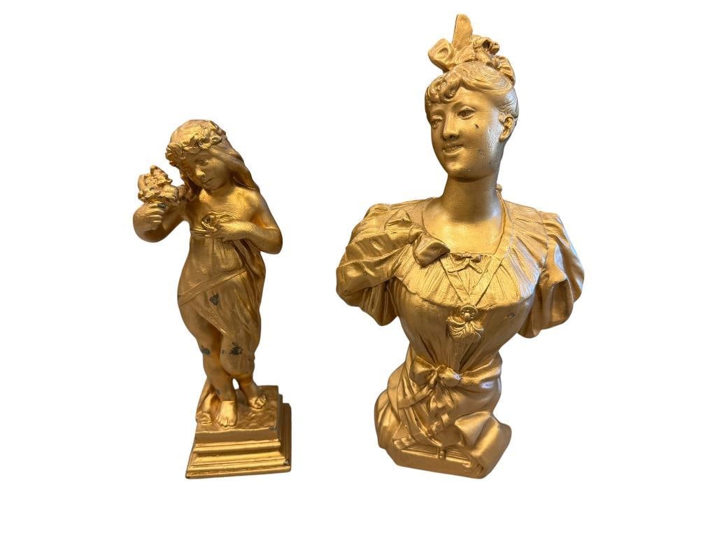 VINTAGE CAST METAL DECORATIVE GOLD FINISH BUST AND FIGURAL SCULPTURES ART NOUVEAU ERA (1 of 15)