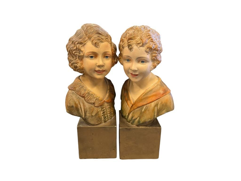 G. GUELLI FRENCH ART NOUVEAU CHALKWARE SCULPTURES OF BOY AND GIRL MARKED GIUNTA 582/588 DEPOSE: POLYCHROME SCULPTURES MOUNTED ON SQUARE BASE, LIGHT SCRATCHES / SCUFFS 16" H