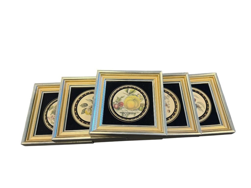 VINTAGE CLIFFORD ART STUDIOS FRUIT PRINTS IN DECORATE GLASS FRAMES FEW STYLED FOR THE WEDDING SHOP: SIX FRUIT PRINTS, EACH HAS ORIGINAL LABEL ON THE BACK, FRAMED 6 3/8" X 6 3/8" FRAME