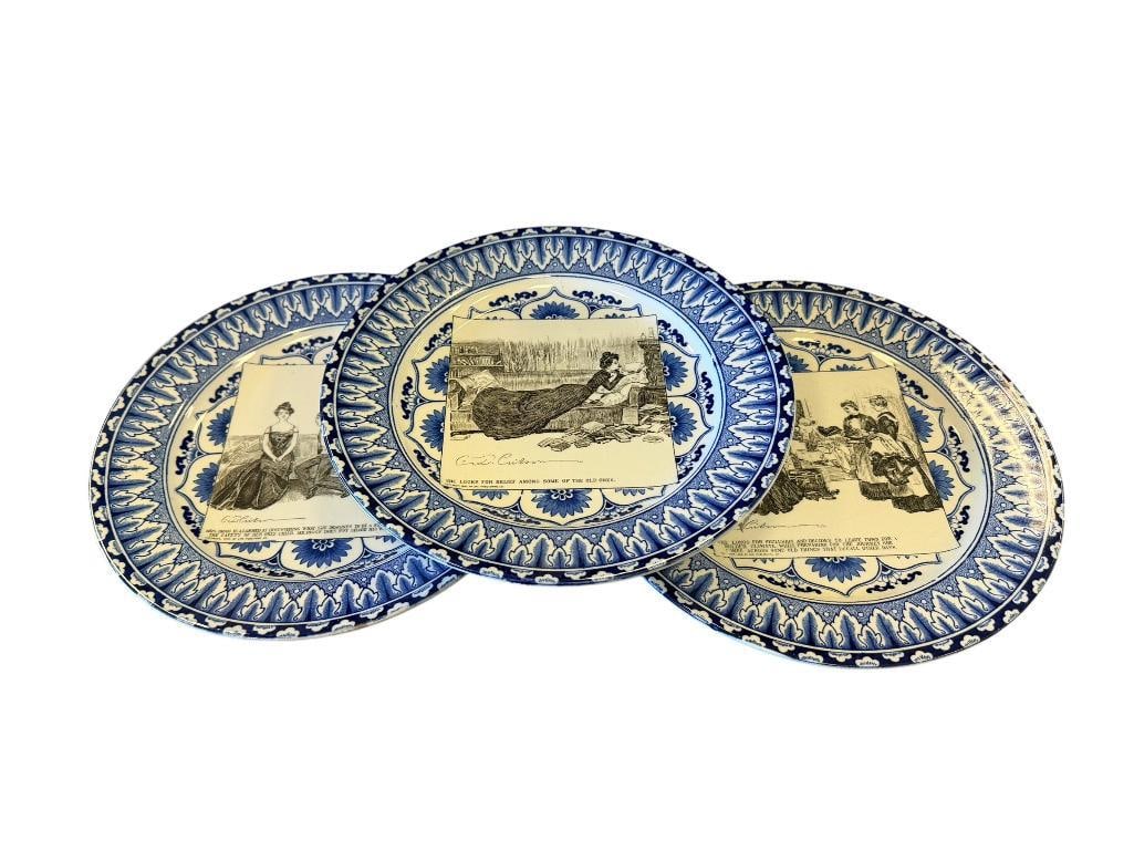 EARLY 1900'S ROYAL DOULTON BLUE AND WHITE FLOW BLUE DESIGN GIBSON GIRL WIDOW AND HER FRIENDS PLATES (1 of 12)