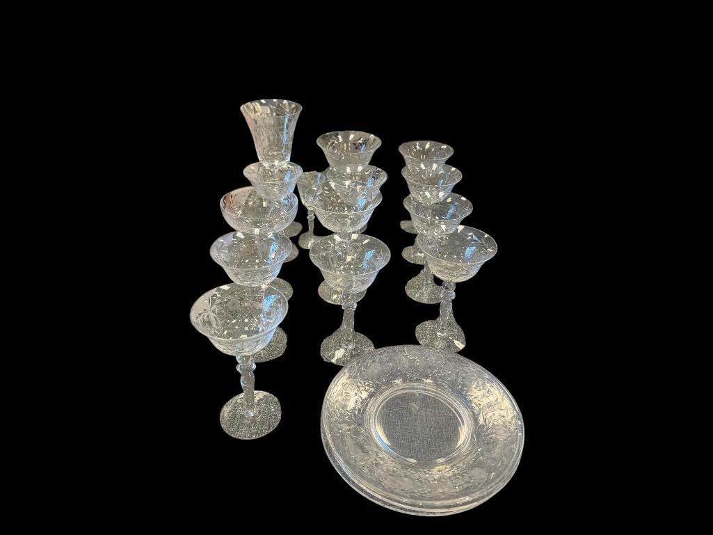 EARLY 20TH CENTURY HAND ETCHED FLORAL DECORATED STEMWARE AND MATCHING PLATES (1 of 20)