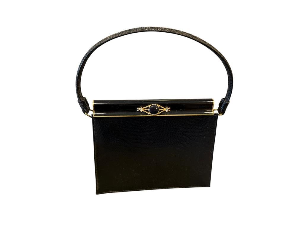 JOSEPH MAGNIN VINTAGE LIZARD GRAIN BAG WITH BEJEWELED METAL CLASP: SATIN LINED INTERIOR WITH LABEL, IN GOOD CONDITION LITTLE TO NO WEAR 8" X 6" X 2 1/2" 