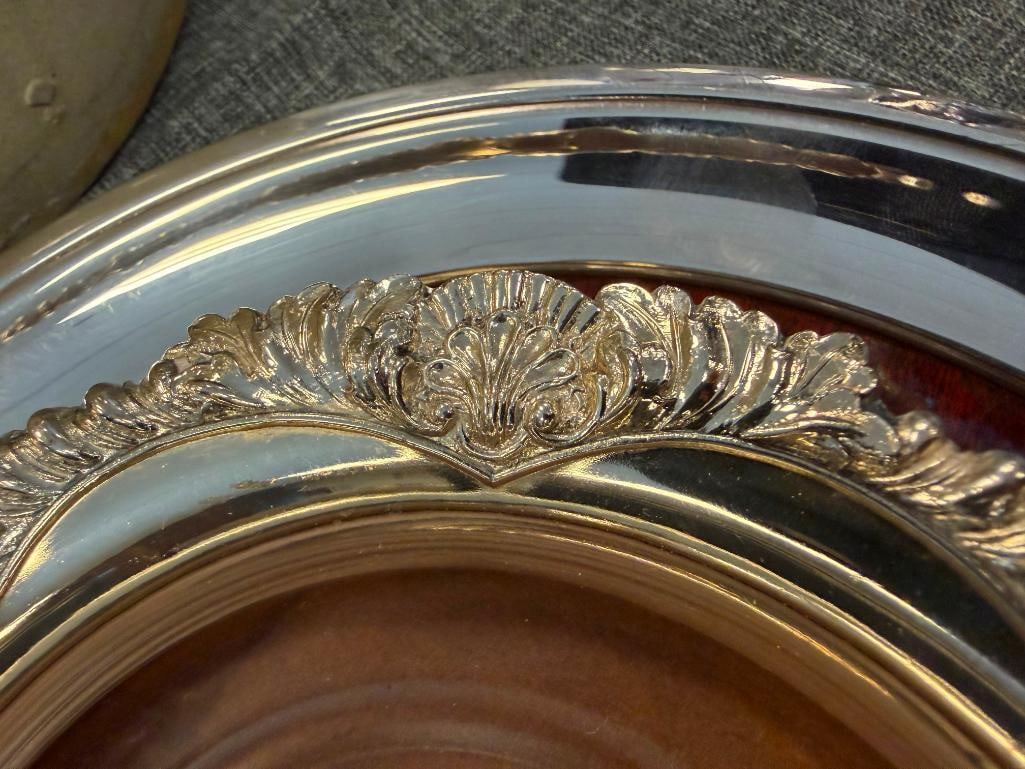 SHEFFIELD ENGLAND SILVER PLATE CENTERPIECE, SILVER PLATE WINE COASTER AND CRESCENT FORMICA TRAY - 10