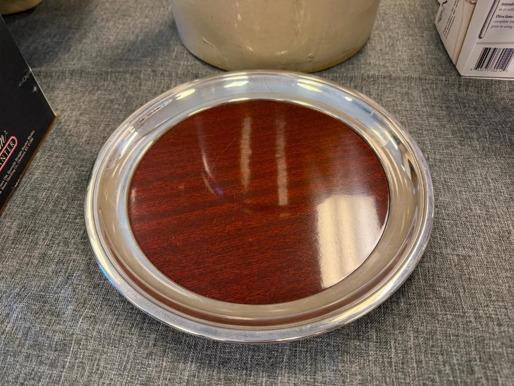 SHEFFIELD ENGLAND SILVER PLATE CENTERPIECE, SILVER PLATE WINE COASTER AND CRESCENT FORMICA TRAY - 11