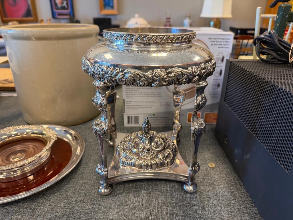 SHEFFIELD ENGLAND SILVER PLATE CENTERPIECE, SILVER PLATE WINE COASTER AND CRESCENT FORMICA TRAY - 2