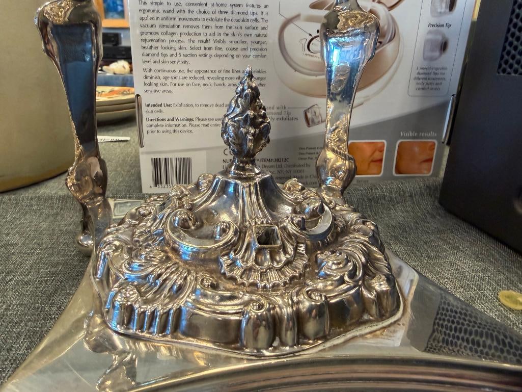 SHEFFIELD ENGLAND SILVER PLATE CENTERPIECE, SILVER PLATE WINE COASTER AND CRESCENT FORMICA TRAY - 4