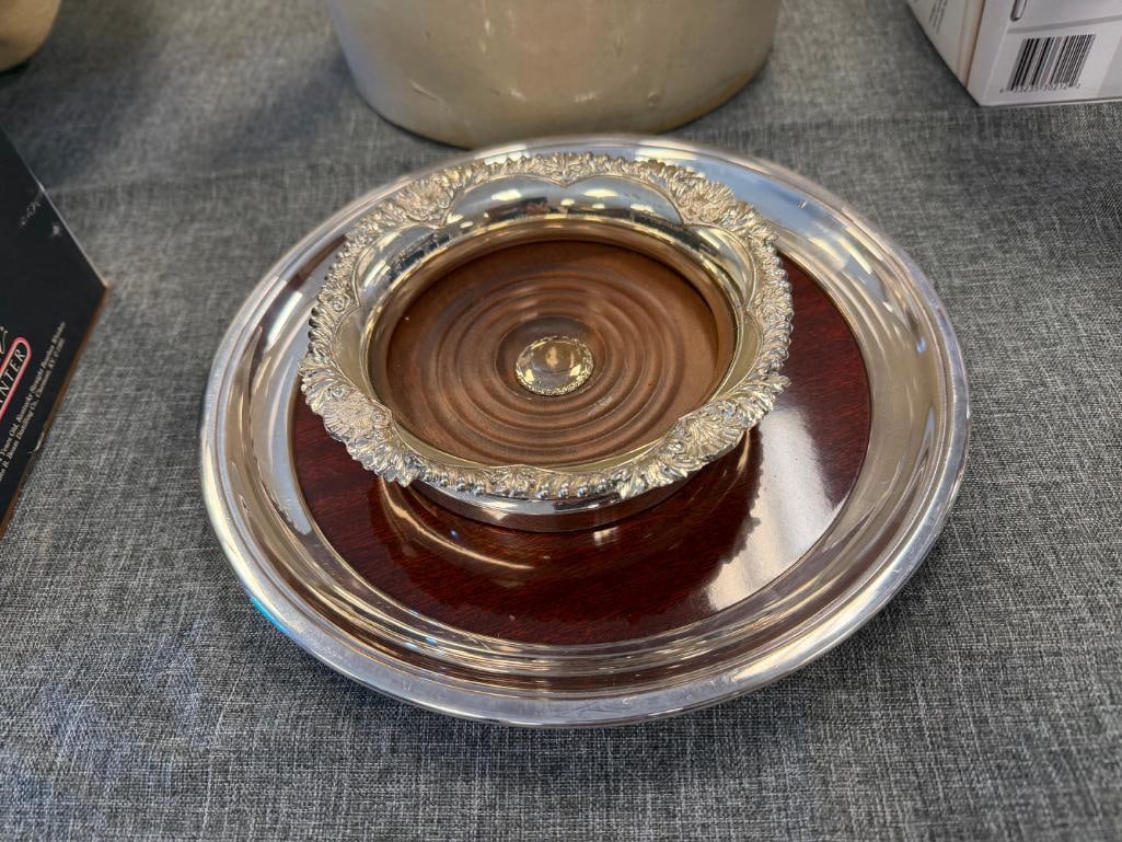 SHEFFIELD ENGLAND SILVER PLATE CENTERPIECE, SILVER PLATE WINE COASTER AND CRESCENT FORMICA TRAY - 8