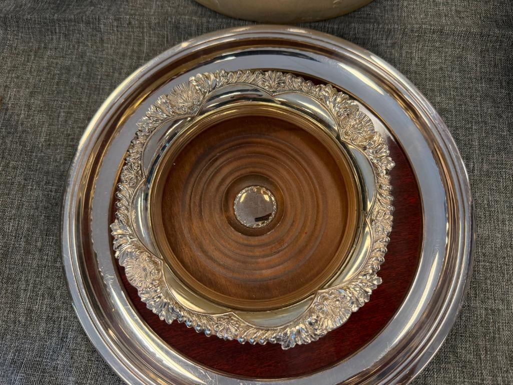 SHEFFIELD ENGLAND SILVER PLATE CENTERPIECE, SILVER PLATE WINE COASTER AND CRESCENT FORMICA TRAY - 9