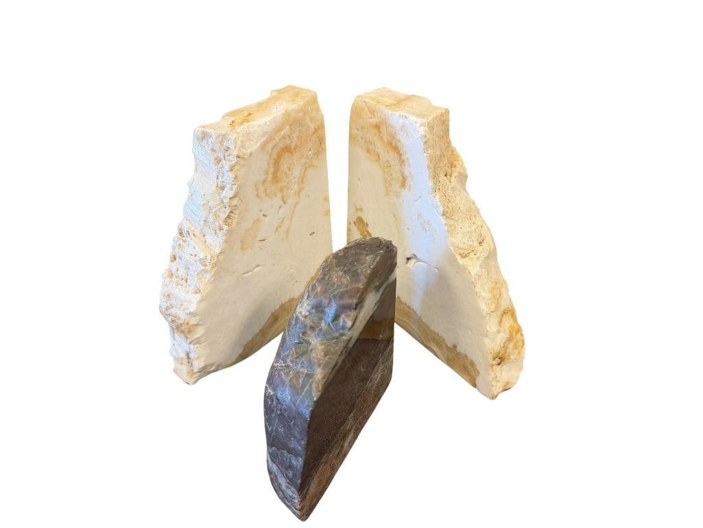 PAIR OF WHITE STONE GEODE BOOKENDS AND SINGLE AGATE BOOKEND (1 of 8)