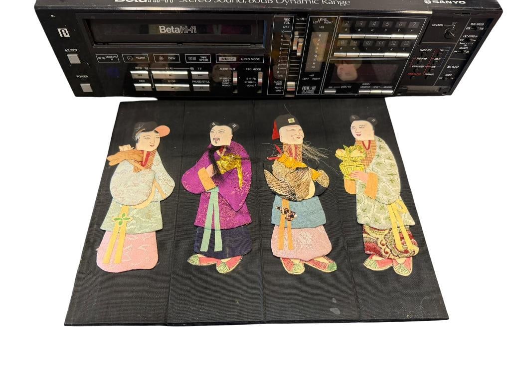 MID-CENTURY CHINESE OCTAGONAL COLLAPSIBLE CONTAINER WITH SILK EMBROIDERED FLAT DOLLS: FEATURES EIGHT FIGURES DECORATED WITH REAL HAIR 8" X 8" X 9 1/2" 